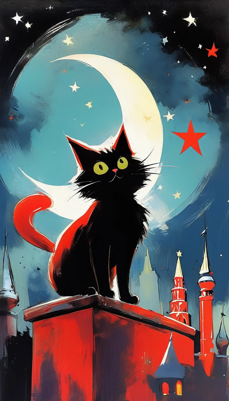 1communist cat, red star, magic, fantastic, night sky, moon, stars, background, Moscow (art inspired in Skottie Young and Bill Sienkiewicz). oil painting)
