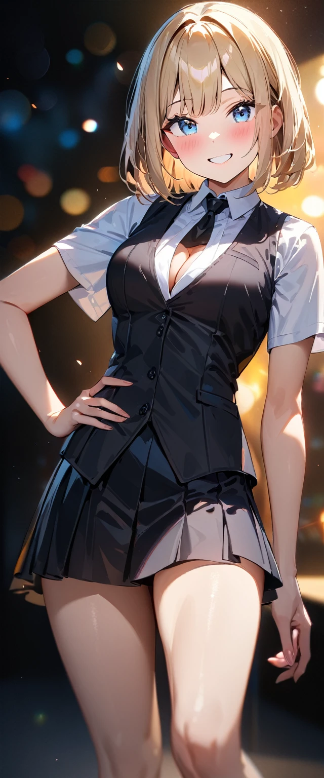 (((One girl))), blond hair, bob cut, (cowboy shot), (looking at viewer), (cleavage), face in focus, teenager, head tilt:1.3, (((blue eye))), ((happy smile)), ((blush)), contrapposto, one hand on hip, school summer uniform, white shirts, ((black tie under the waistcoat)), skirt, black waistcoat, anime style, (best quality, 4k, 8k, highres, masterpiece:1.2, ultra-detailed, ultra-detailed eyes, HDR, UHD, studio lighting, ultra-fine painting, sharp focus, physically-based rendering, extreme detail description, professional, vivid colors, bokeh)