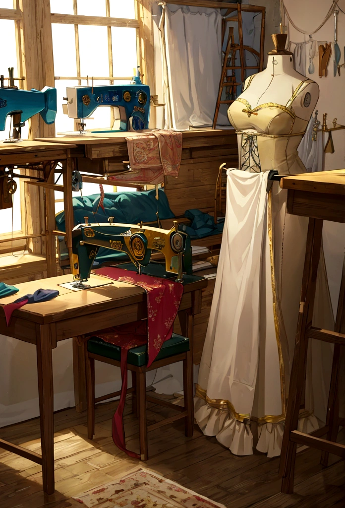 visual novel style background, seamstress indoor atelier boutique with sewing machine and textiles background