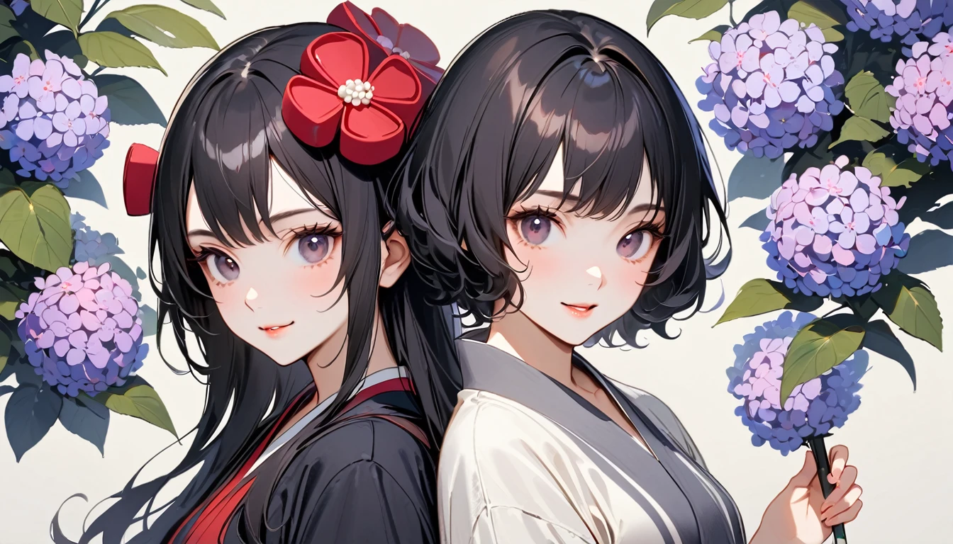 Highest quality, Katsushika Hokusai, Ink Painting, (((very straight longhair))), (((1 girl))), (((A light-colored short yukata))), (((Countless multi-colored hydrangeas))), ((smile))), Japanese style headphones, beautiful girl, Black Hair, Delicate and precise, Modern ukiyo-e style