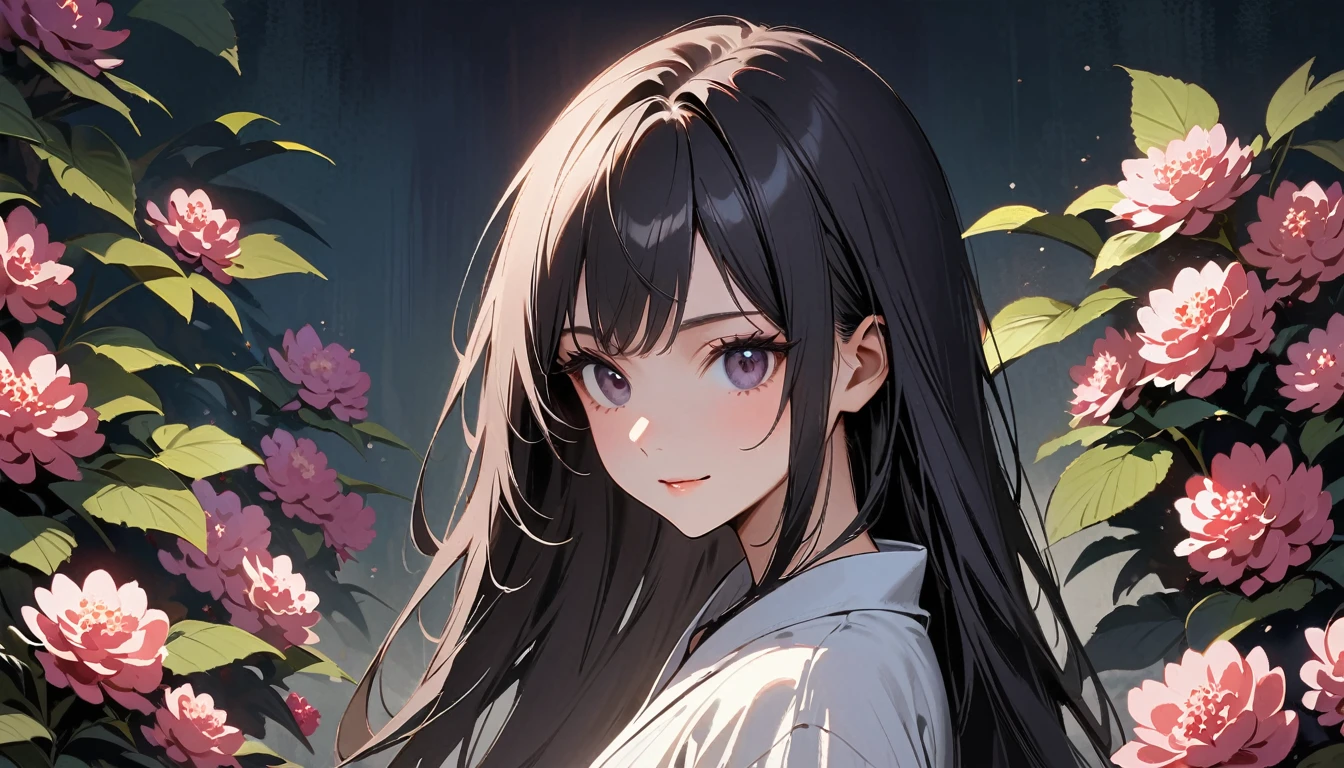 Highest quality, Katsushika Hokusai, Ink Painting, (((very straight longhair))), (((1 girl))), (((A light-colored short yukata))), (((Countless multi-colored hydrangeas))), ((smile))), Japanese style headphones, beautiful girl, Black Hair, Delicate and precise, Modern ukiyo-e style