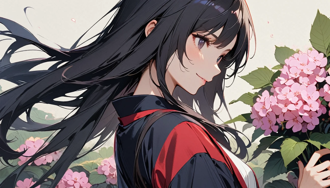 Highest quality, Katsushika Hokusai, Ink Painting, (((very straight longhair))), (((1 girl))), (((A light-colored short yukata))), (((Countless multi-colored hydrangeas))), ((smile))), Japanese style headphones, beautiful girl, Black Hair, Delicate and precise, Modern ukiyo-e style