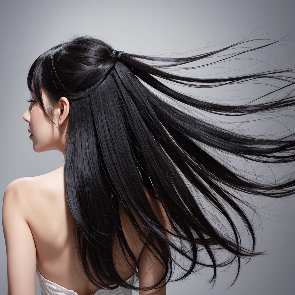 High quality, real photo, Japanese, black hair, shiny, beauty salon commercial, constant light intensity, only hair swaying, hair swaying in the wind, back view, silver background, hair length the same, only hair