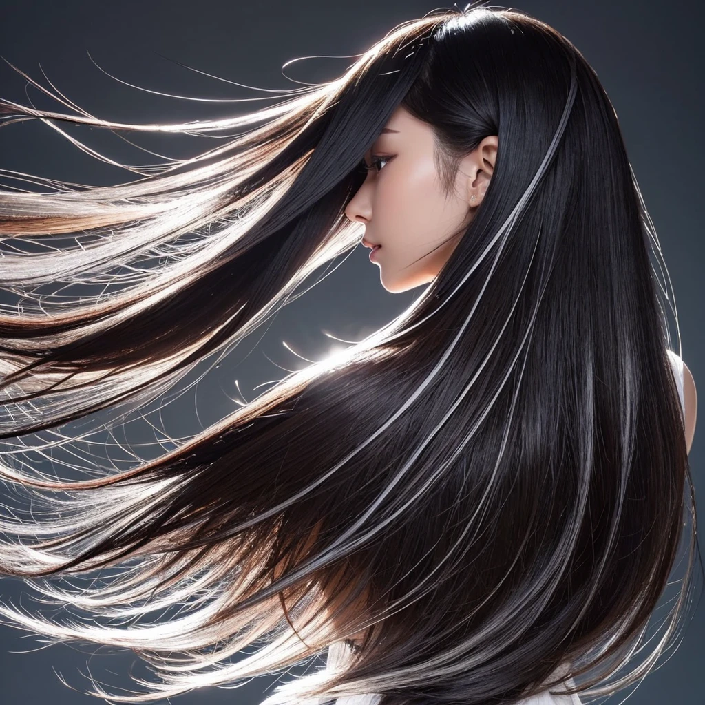 High quality, real photo, Japanese, black hair, shiny, beauty salon commercial, constant light intensity, only hair swaying, hair swaying in the wind, back view, silver background, hair length the same, only hair