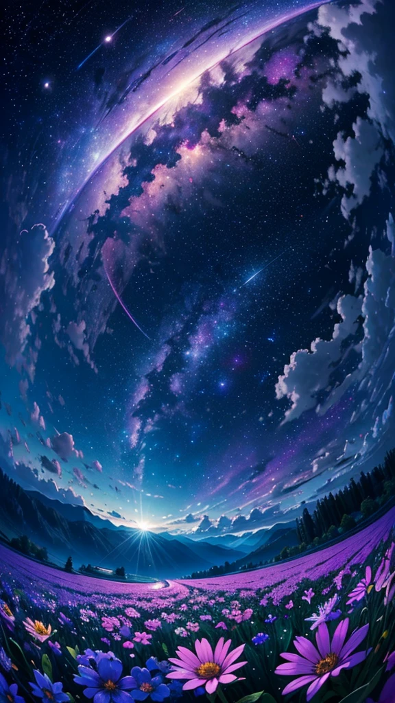 (masterpiece), Highest quality, beautiful flower field at night, nice sky with stars and constelations, Volume Cloud, Beautiful Clouds, (full moon), a Magic atmosphere, Dreamy image, Vast landscape photography, There are many different colored flowers blooming in the fields., Feeling calm and peaceful, Breeze, the scenary has a Magic glow, fire Fly, Beauty in the details, Natural beauty,astronomical photography, Nature Observation, Bright Moon,
break nebula, milk way, Space Sky, Starry Sky, Fisheye Lens, Dynamic Angle, (Dynamic configuration:1.4), Professional image,Production art, Complex, Fascinating, nice,Breathtaking,wonderful, Magic, Volumetric Light,  [purple]