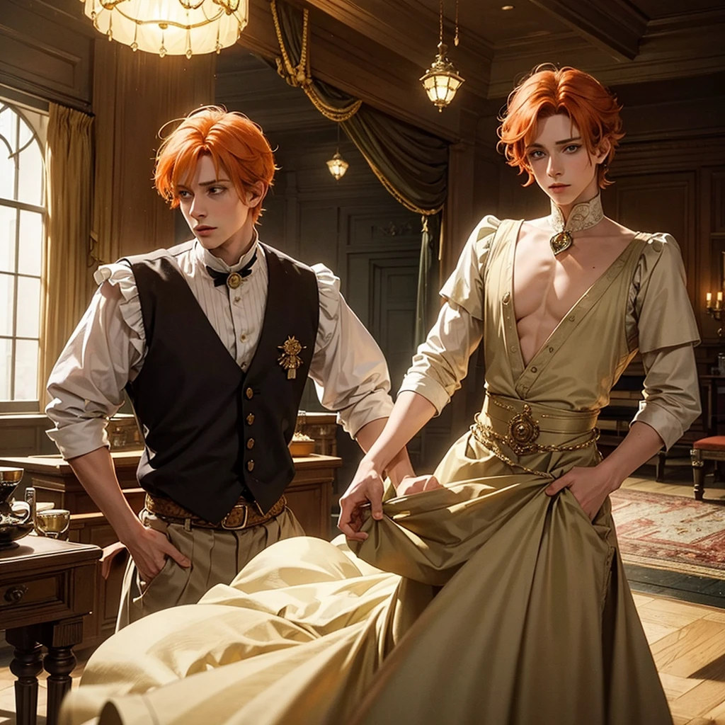 Fantasy prince orange hair and victorian beige clothes green eyes delicate scottish Effeminate ballet