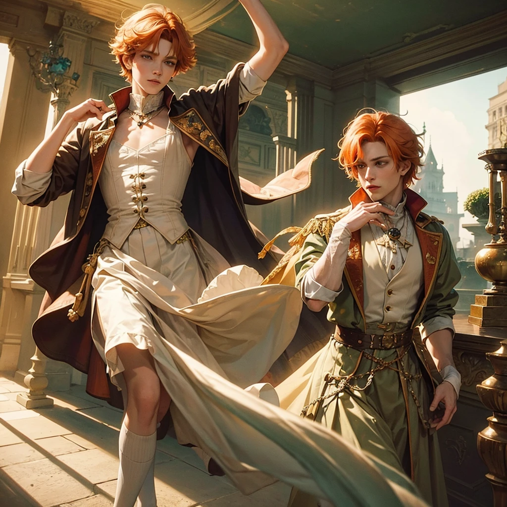 Fantasy prince orange hair and victorian beige clothes green eyes delicate scottish Effeminate ballet