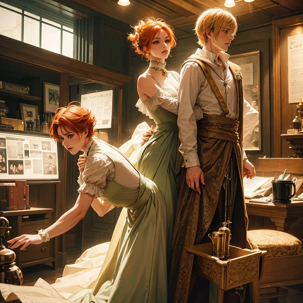 Fantasy prince orange hair and victorian beige clothes green eyes delicate scottish Effeminate ballet