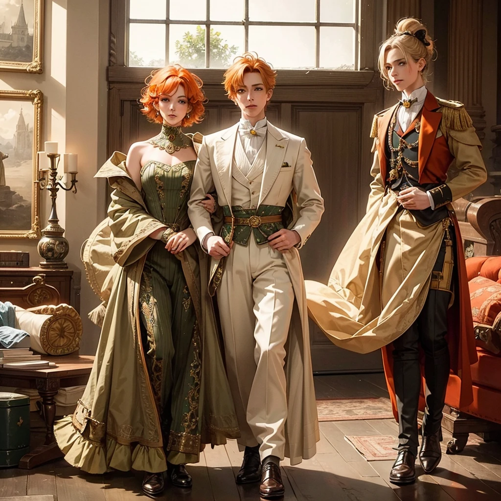 Fantasy prince orange hair and victorian beige clothes green eyes delicate scottish Effeminate ballet