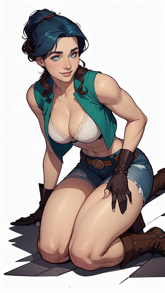 (cartoon style:1.2), Drawings of (Ginevra Molly Weasley), he used to smile, perfect green eyes, face detailed, White background, fun pose, seducing gaze,Full body wearing the Sanserina uniform, beautiful medium breasts and wonderful body cartoon style digital illustration. Wearing pantiesJennifer Connelly , , white bra, green vest, sleeveless, へそ, blue jeans, Brown boots, gloves fingerless, short gloves, slightly-smile, shorth hair, wavy hair, parted bangs, blue colored eyes, wart under the right eye, old american west, sunny desert background, waist belt, best qualityer, Obra de arte Jennifer Connelly