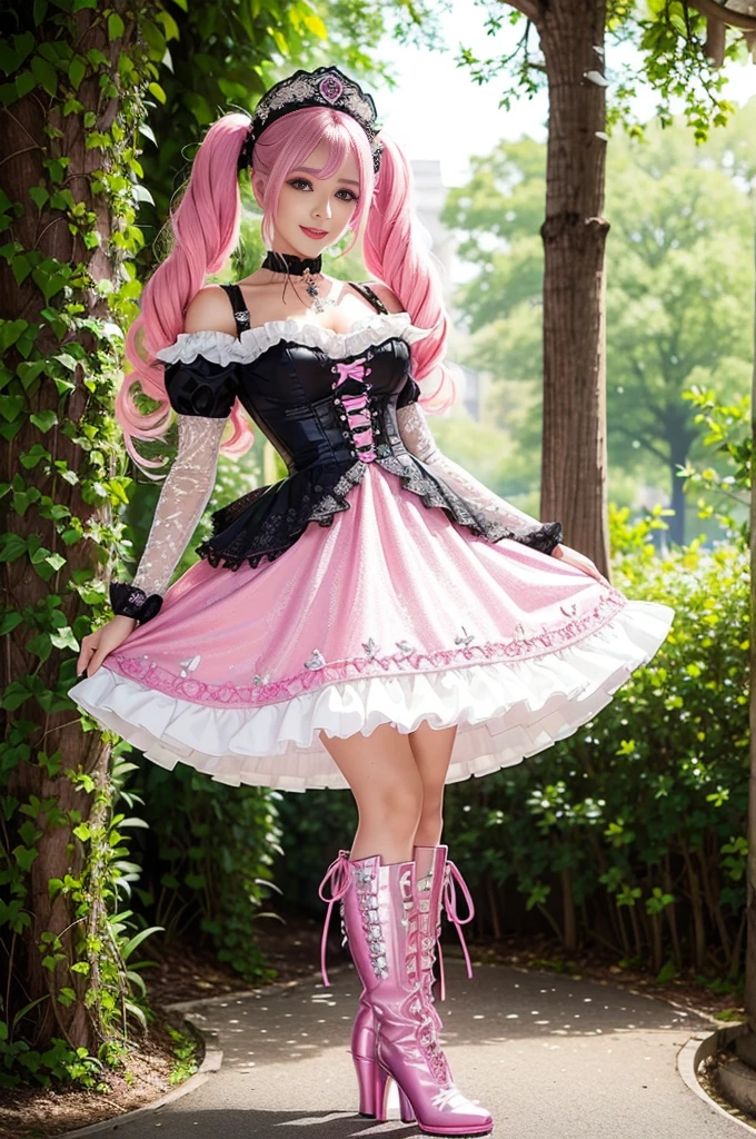 sexy stylish Swedish model, only 1 female, ((doll-like appearance)), long neon pink stylish hair, ((shiny Victorian-Style boots)), (happy smile), ultra detailed eyes, very detailed eye makeup, lipgloss, long lashes, defined eyebrows, ((sexy Paradise Kiss cosplay)), bell-shaped skirt, petticoats, high neckline, puffed sleeves, ((ultra detailed lace)), ((ultra detailed embroidery)), intricate details, Paradise Kiss accessoires and matching headpiece, choker, ((large sparkling Paradise Kiss jewelry)), cinematic light, detailed large park background with trees