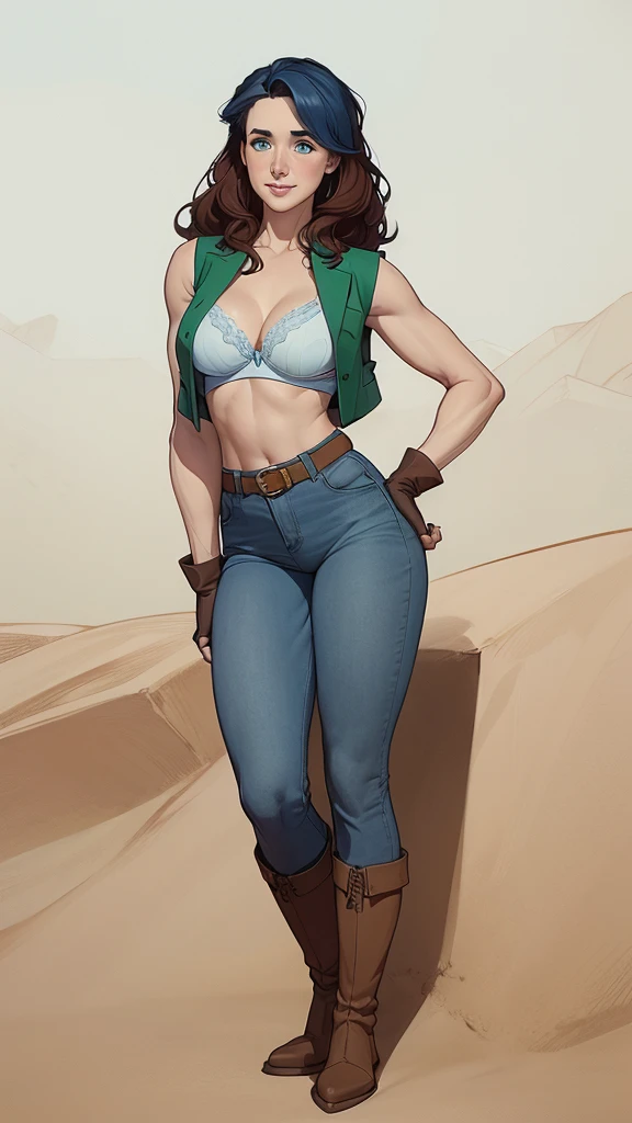 (cartoon style:1.2), Drawings of (Ginevra Molly Weasley), he used to smile, perfect green eyes, face detailed, White background, fun pose, seducing gaze,Full body wearing the Sanserina uniform, beautiful medium breasts and wonderful body cartoon style digital illustration. Wearing pantiesJennifer Connelly , , white bra, green vest, sleeveless, へそ, blue jeans, Brown boots, gloves fingerless, short gloves, slightly-smile, shorth hair, wavy hair, parted bangs, blue colored eyes, wart under the right eye, old american west, sunny desert background, waist belt, best qualityer, Obra de arte Jennifer Connelly