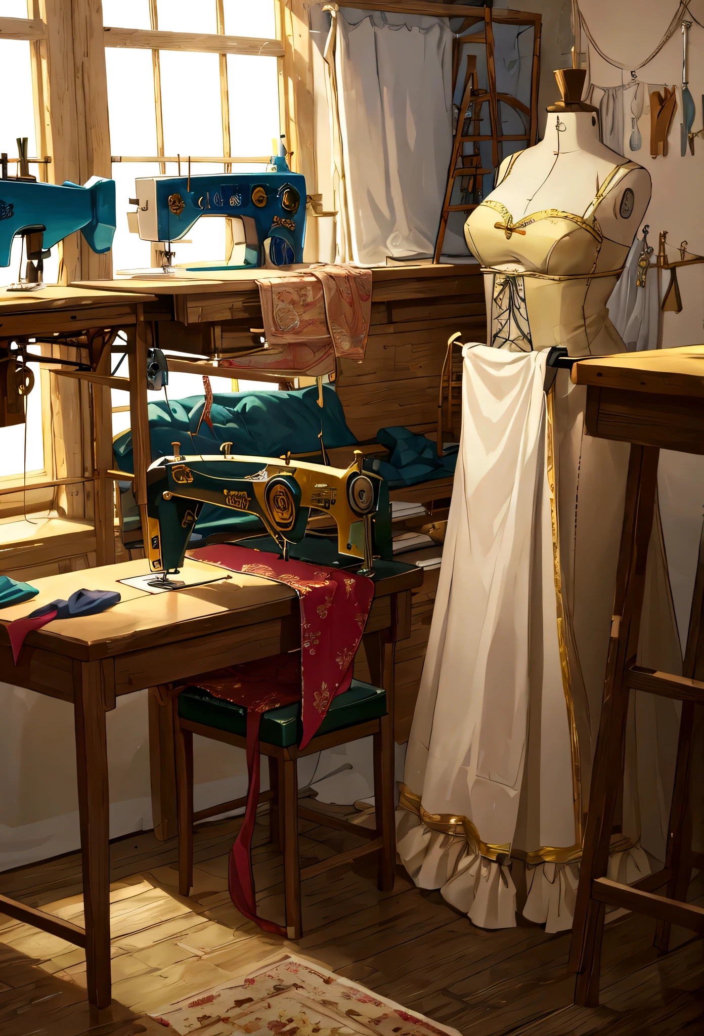 visual novel style background, seamstress indoor atelier boutique with sewing machine and textiles background