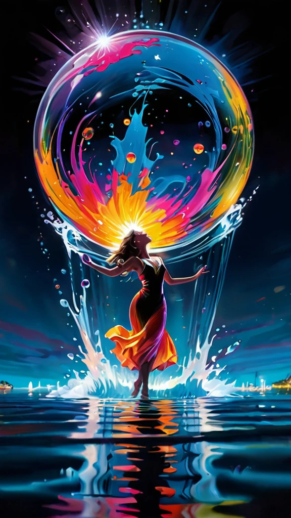 Vivid colors radiate from the glass sphere, Partially submerged in water, night, performer
