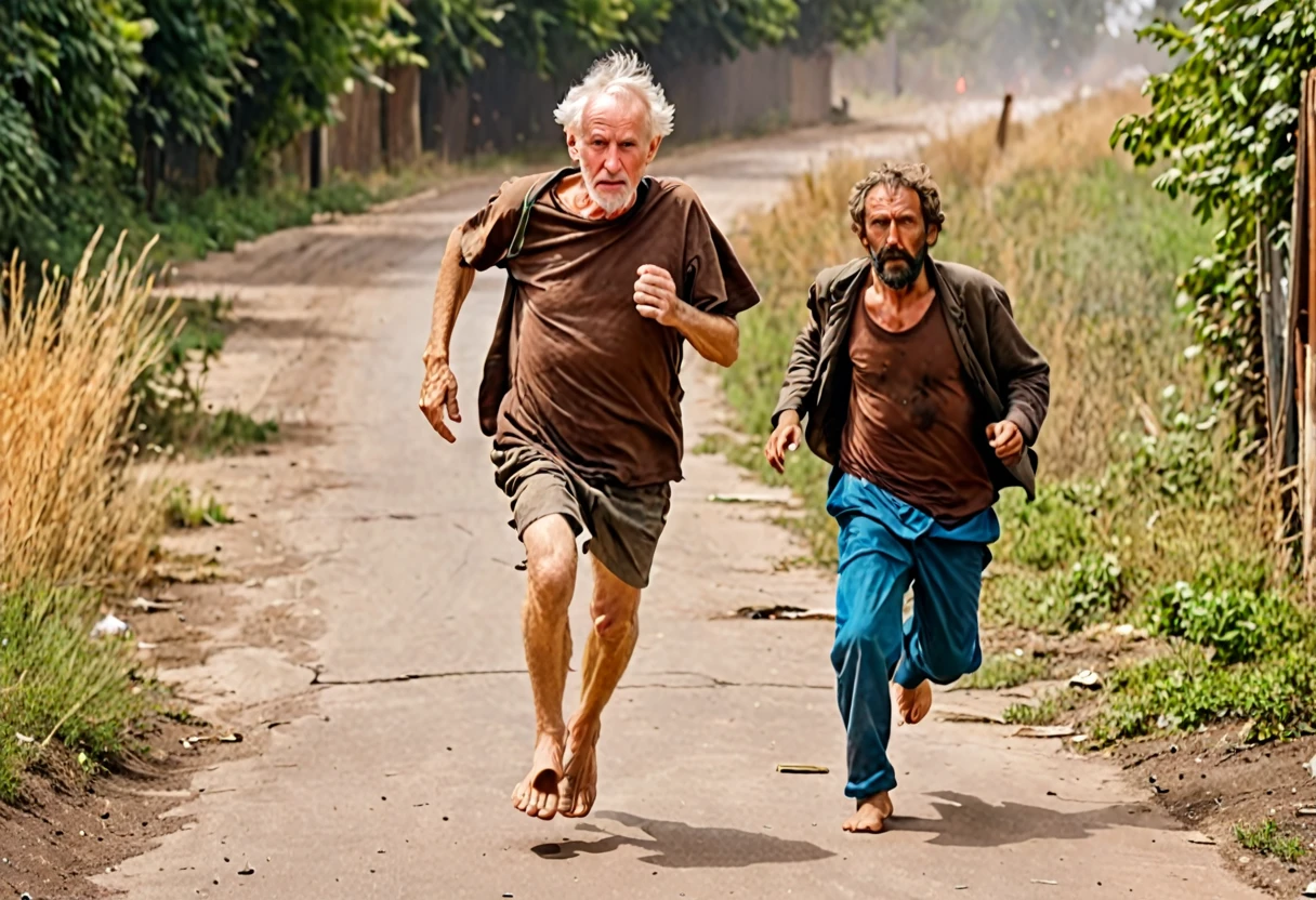 1 homeless old white man running, with brown t-shirt in rags, barefoot, in hell