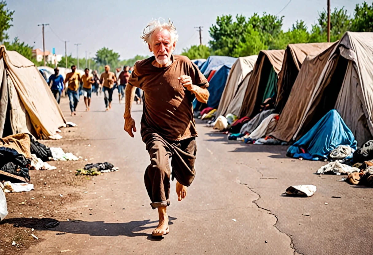 1 homeless old white man running, with brown t-shirt in rags, barefoot, in hell