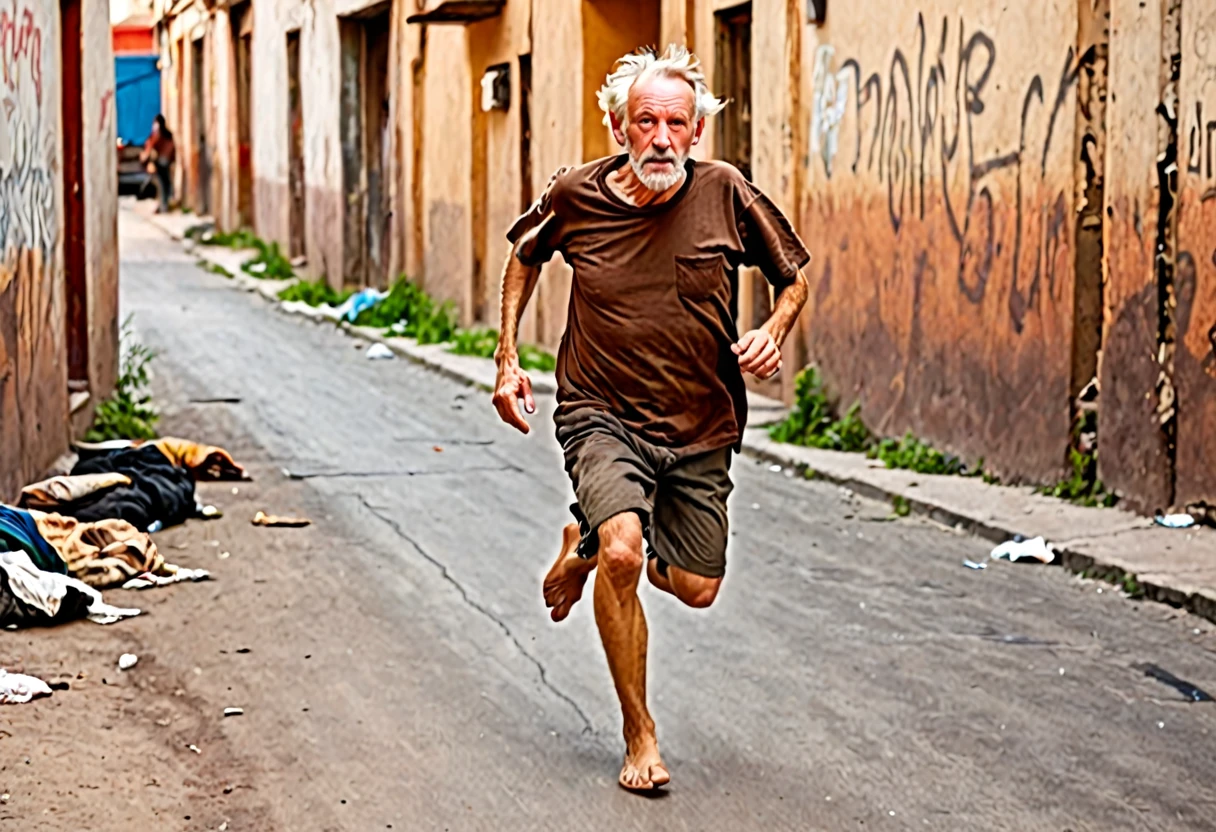 1 homeless old white man running, with brown t-shirt in rags, barefoot, in hell