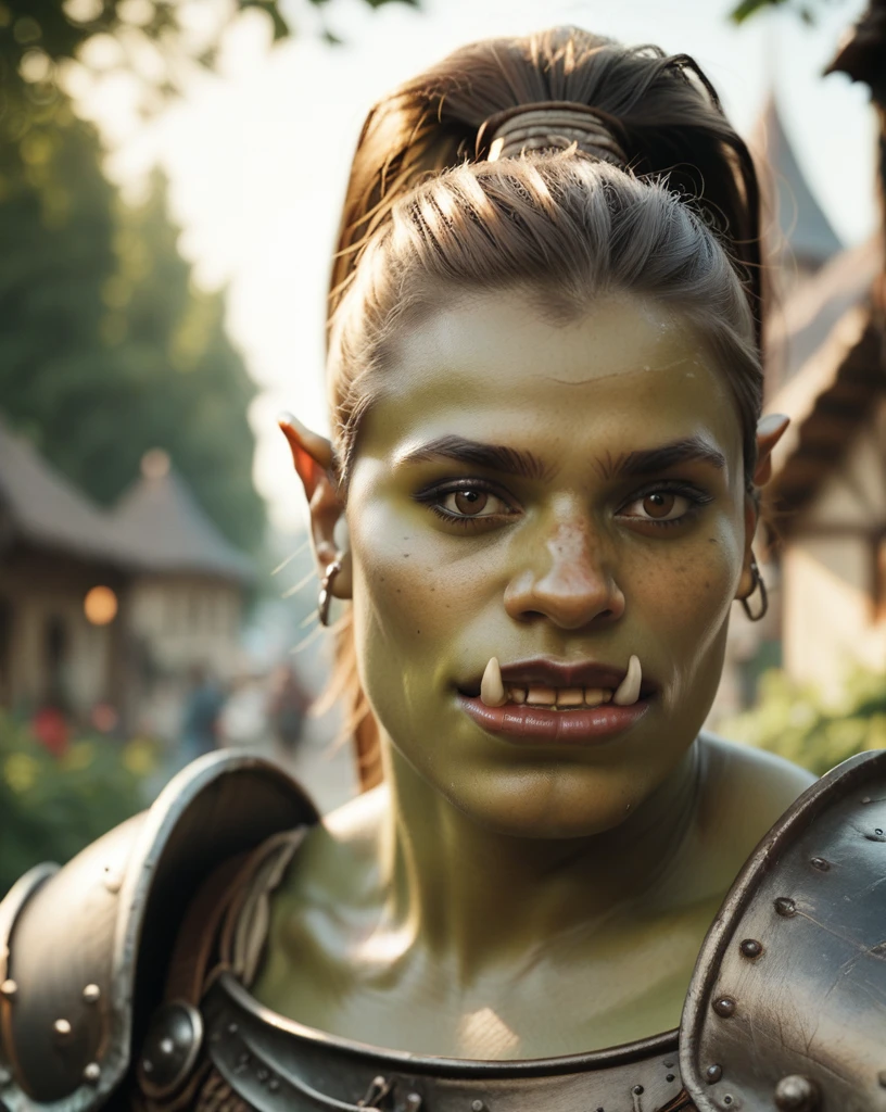 score_9, score_8_up, score_7_up, portrait of orc woman, cultural portrait, natural lighting, brown eyes, barbarian, (ponytail), armor, tusks, village background, realistic