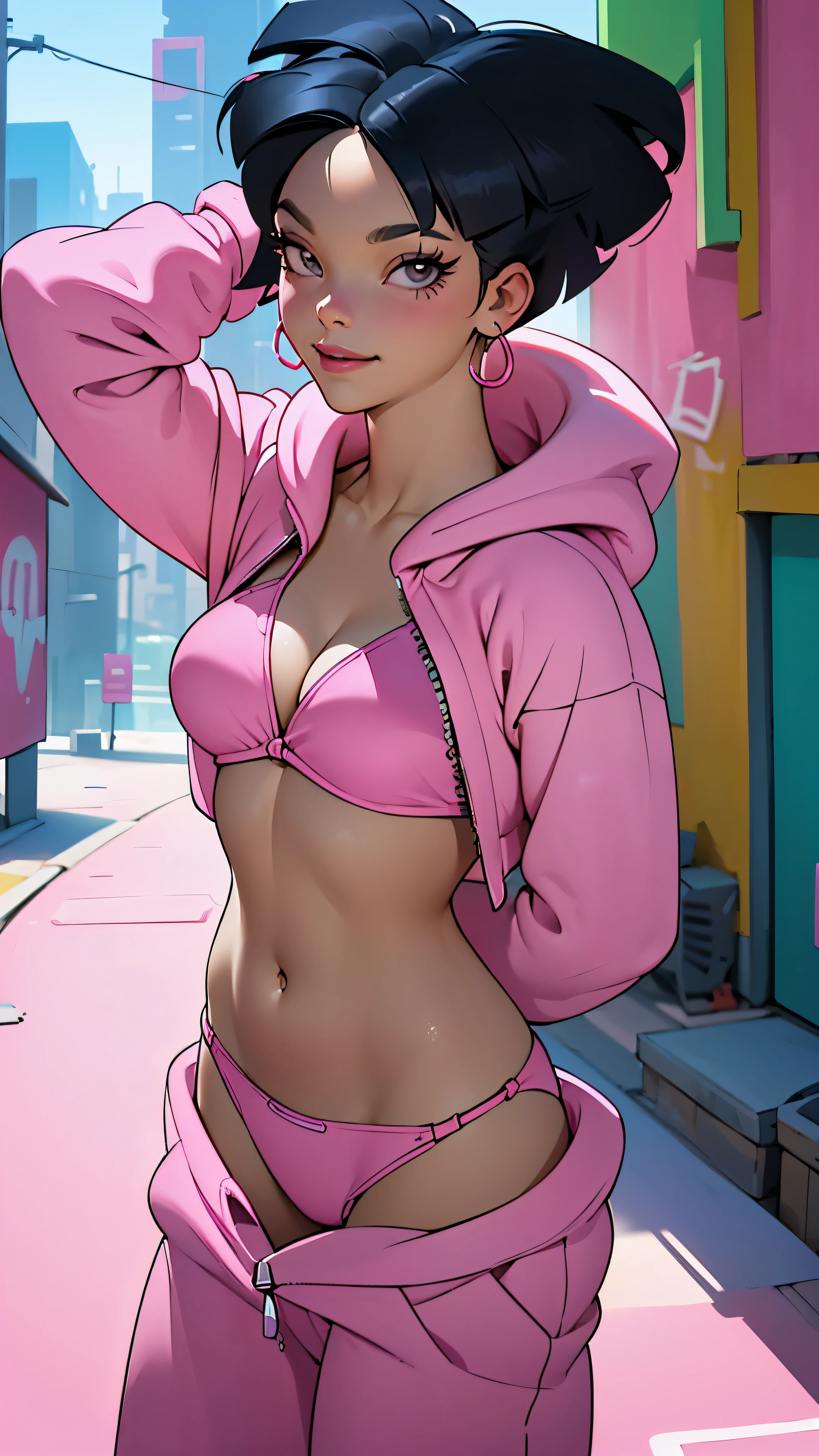 (La Best Quality,A high resolution,Ultra - detailed,actual),amywong, black fur, 1 girl, Alone, black eyes, pink hoodie, short hair, belly button, pink pants, long sleeves,looking at the viewer, SMILE, standing, Best Quality, high quality, Masterpiece, absurdities,   (alley background big stones), ,( cyberpunk 2.1), 8K more detailed.unreal engine:1.4,UHD,La Best Quality:1.4, photorealistic:1.4, skin texture:1.4, Masterpiece:1.8,first work, Best Quality,object object], (detailed facial features:1.3),(The correct proportions),(Beautiful blue eyes),  (cowboy pose), (Rosa bikini:1.4), (realist:1.4) 