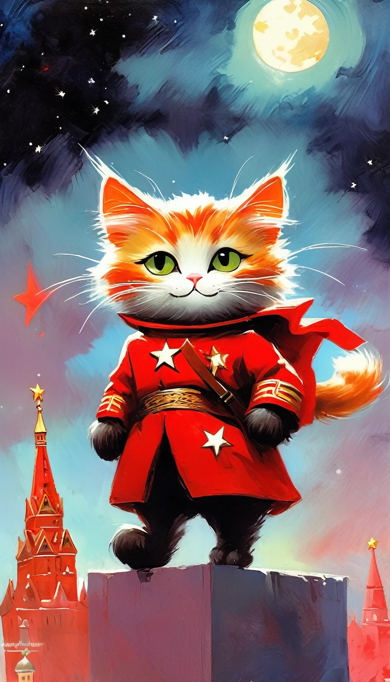 1communist cat, red star, magic, fantastic, night sky, moon, stars, background, Moscow (art inspired in Skottie Young and Bill Sienkiewicz). oil painting)