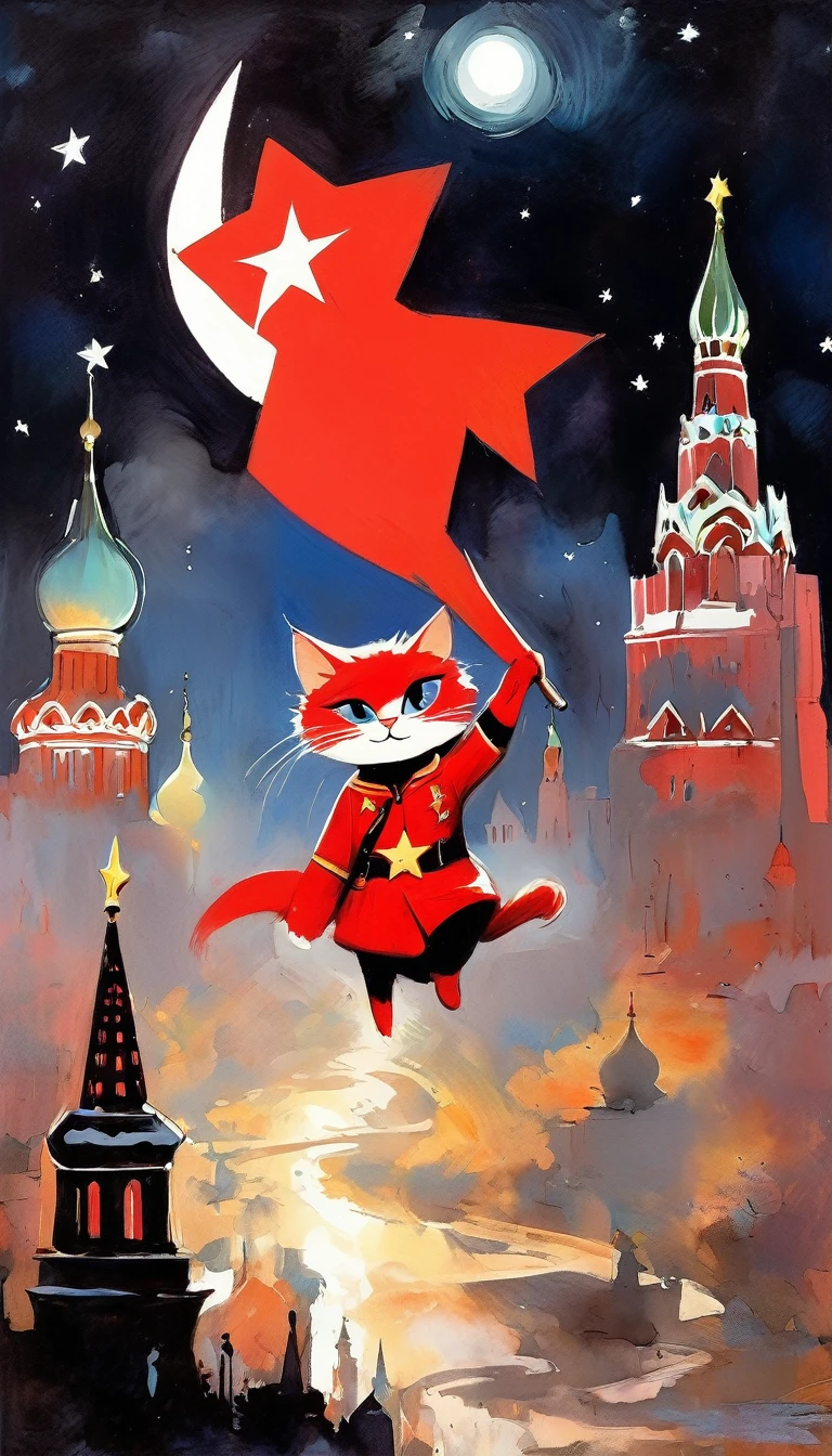 1communist cat, red star, magic, fantastic, night sky, moon, stars, background, Moscow (art inspired in Skottie Young and Bill Sienkiewicz). oil painting)