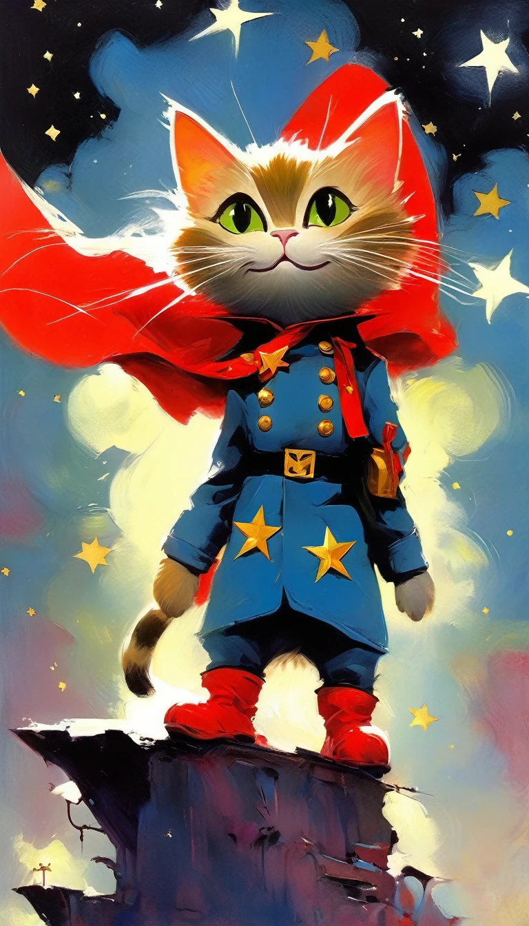 1communist cat, red star, magic, fantastic, night sky, moon, stars, background, Moscow (art inspired in Skottie Young and Bill Sienkiewicz). oil painting)