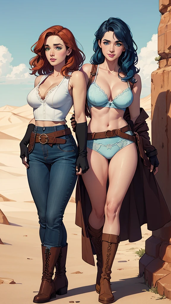 (cartoon style:1.2), Drawings of (Ginevra Molly Weasley), he used to smile, perfect green eyes, face detailed, White background, fun pose, seducing gaze,Full body wearing the Sanserina uniform, beautiful medium breasts and wonderful body cartoon style digital illustration. Wearing pantiesJennifer Connelly , , white bra, green vest, sleeveless, へそ, blue jeans, Brown boots, gloves fingerless, short gloves, slightly-smile, shorth hair, wavy hair, parted bangs, blue colored eyes, wart under the right eye, old american west, sunny desert background, waist belt, best quality, Obra de arte Jennifer Connelly