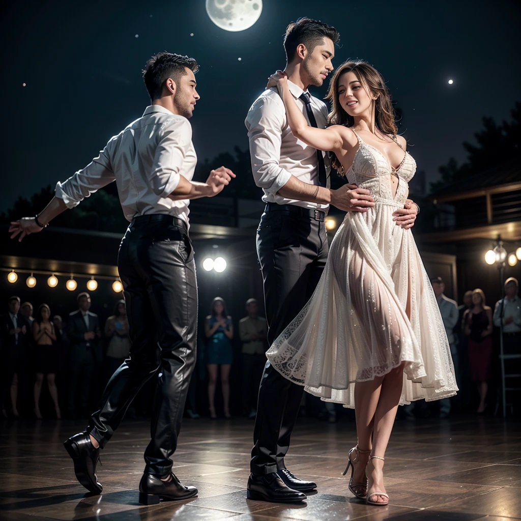Ultra detailed, Hyper realistic: A Couple Dancing Salsa or Bachata Style (night, full moon, and star background) In the middle of the quiet night, a captivating dance unfolds between two passionate people. The man, with a confident look, keeps his partner close, their bodies moving in perfect harmony while they perform salsa or bachata steps. His clothing is impeccably detailed: the wrinkles on his shirt, the intricate stitching on his pants, and the polished leather of his shoes. In contrast, the woman's flowy dress cascades around her feet, its fabric glistening.