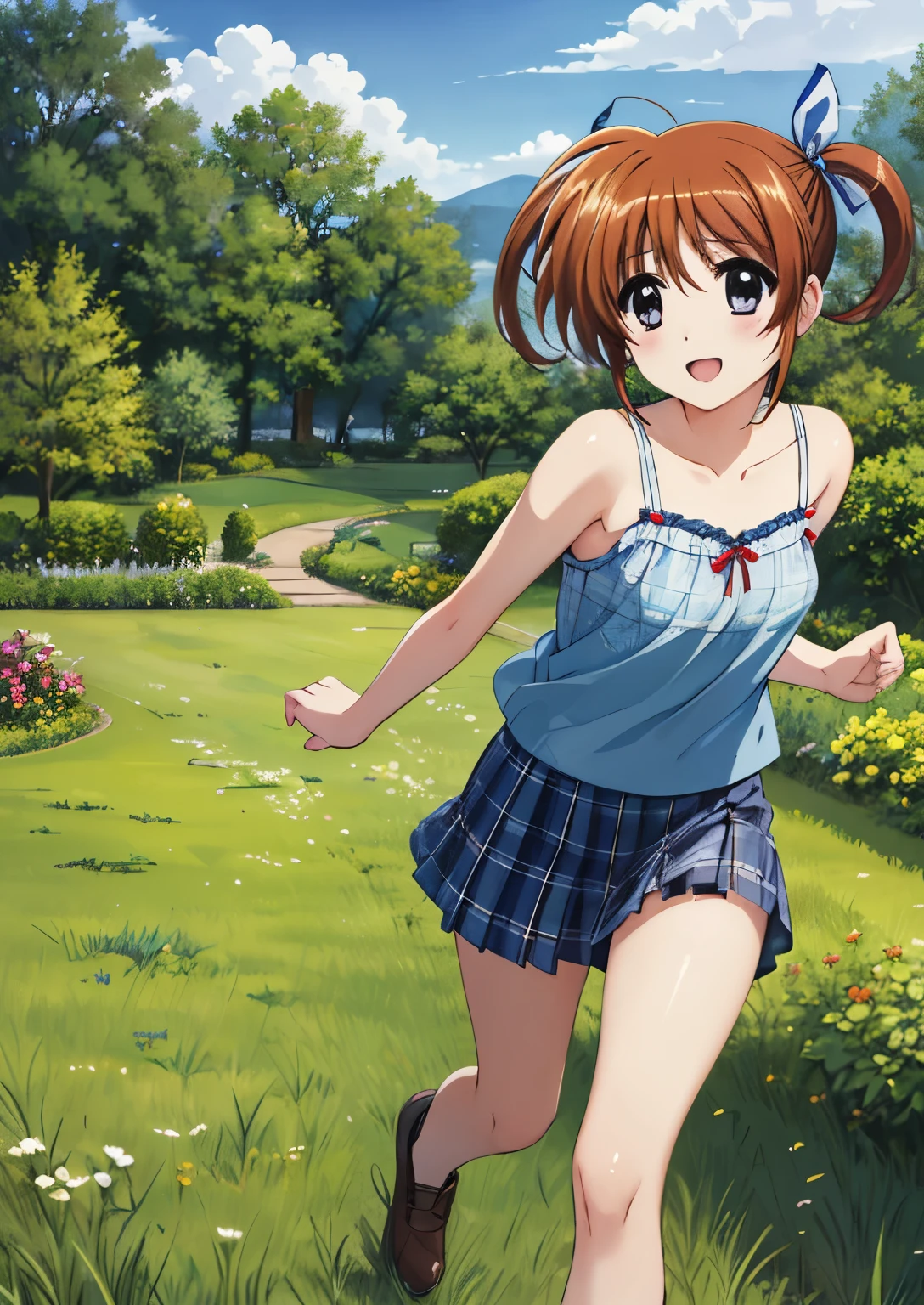 Nanoha,1 Girl, 高町Nanoha, (Running:1.2),Medium Hair, bangs, Hair between the eyes,Wavy Hair、Are standing、 Looking at the audience, whole body, Front view:0.6, (Beautiful views), garden, camisole, 白のcamisole , Grey plaid pleated skirt,(Flowing Grass,Genuine、Realistic、Realistic:1.30)、High resolution、超High resolution、Ultra-fine painting、Sharp focus、Physically Based Rendering、Cowboy Shot