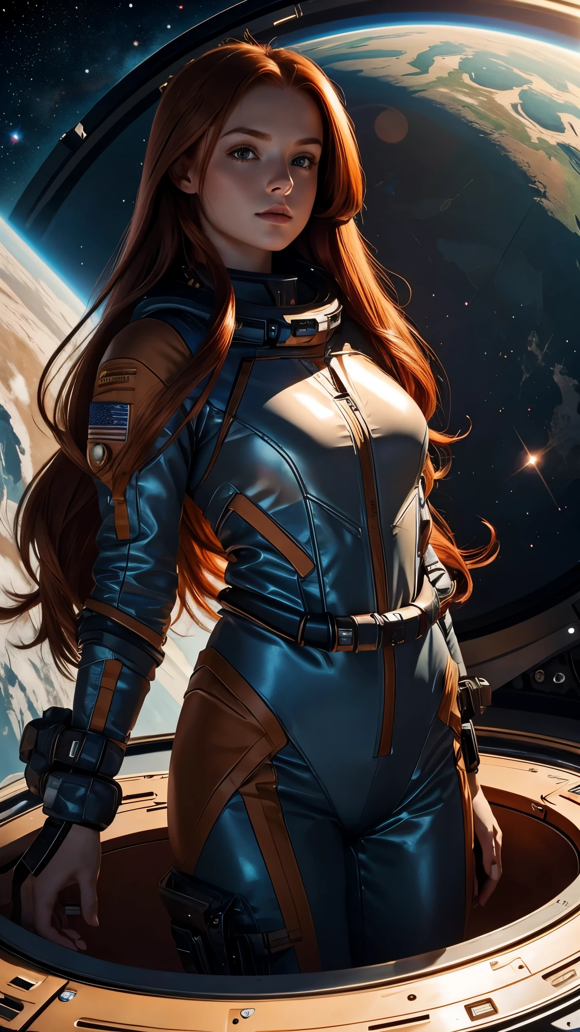 Beautiful redhead girl with brown eyes and long hair wearing a space suit on a base in space