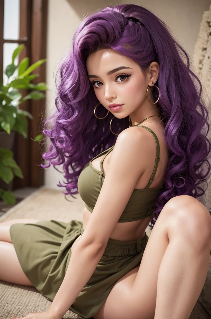Purple haired Barbie with curly hair and olive skin