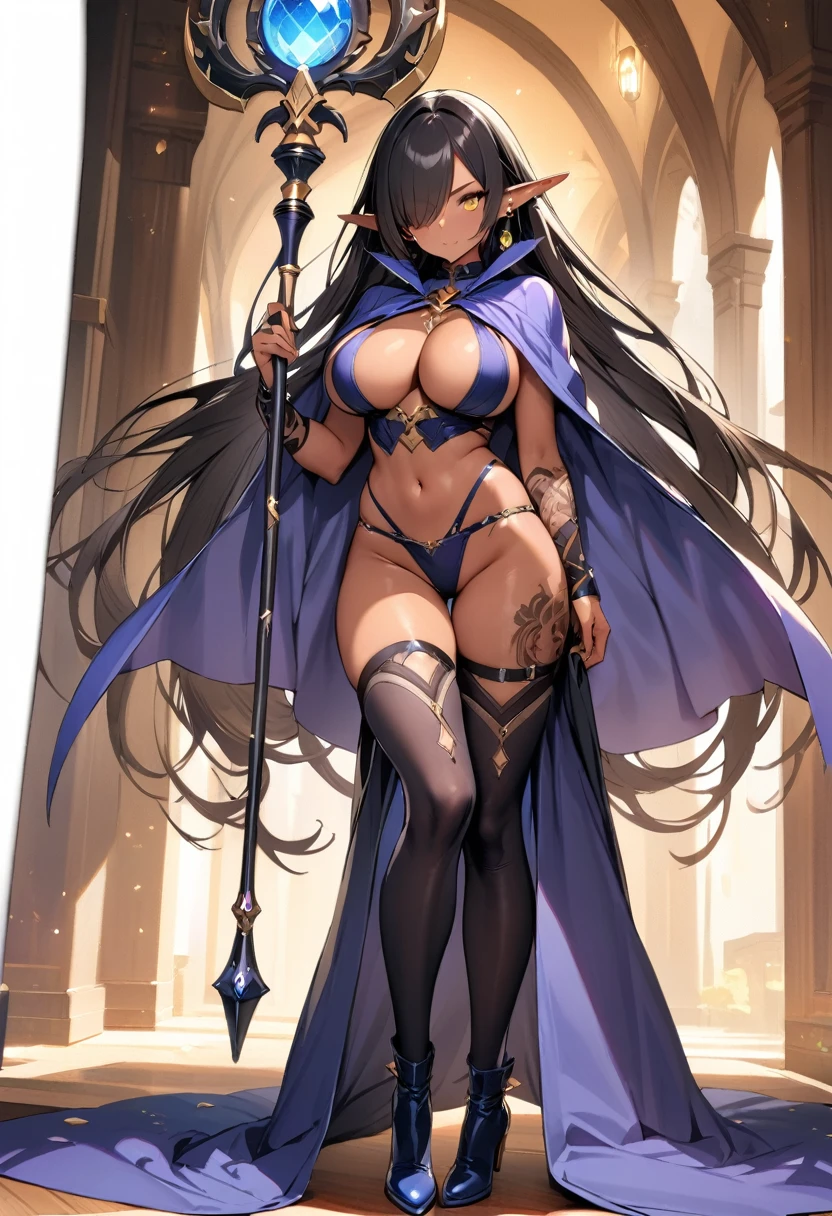 (masterpiece:1.2), (highest quality:1.2), 1girl, solo, pointy-ears, dark-skin, breasts, dark-skinned-female, staff, transparent-background, dark-elf, large-breasts, black-hair, cape, elf, earrings, full-body, jewelry, tattoo, thighhighs, hair-over-one-eye, very-long-hair, navel, yellow-eyes, high-heels, boots, underwear, cleavage, looking-at-viewer, holding, panties, revealing-clothes, standing
