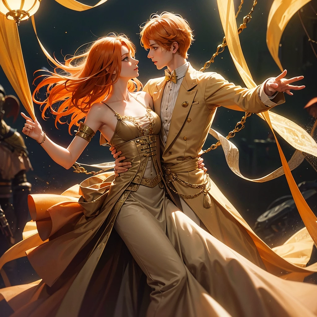 Fantasy prince orange hair and victorian beige clothes green eyes delicate scottish Effeminate dancing in the night