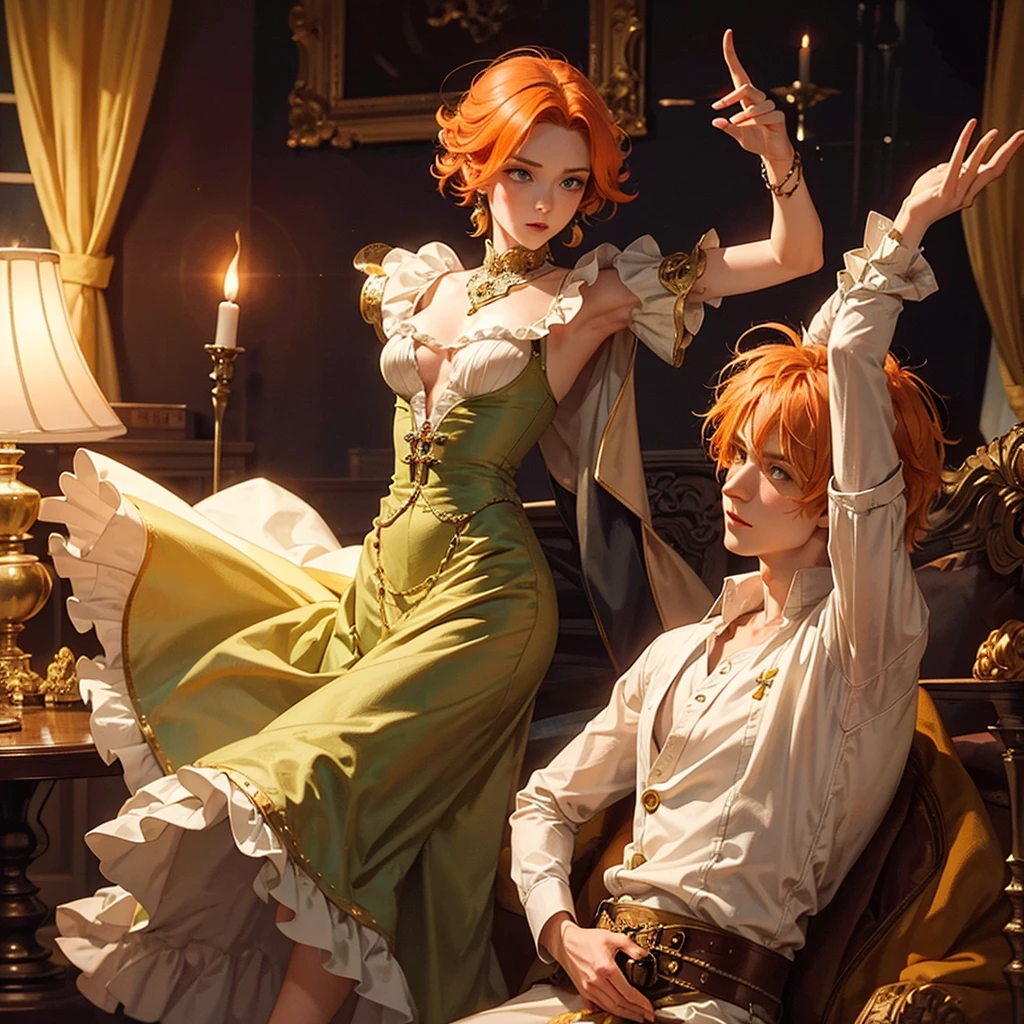 Fantasy prince orange hair and victorian beige clothes green eyes delicate scottish Effeminate dancing in the night
