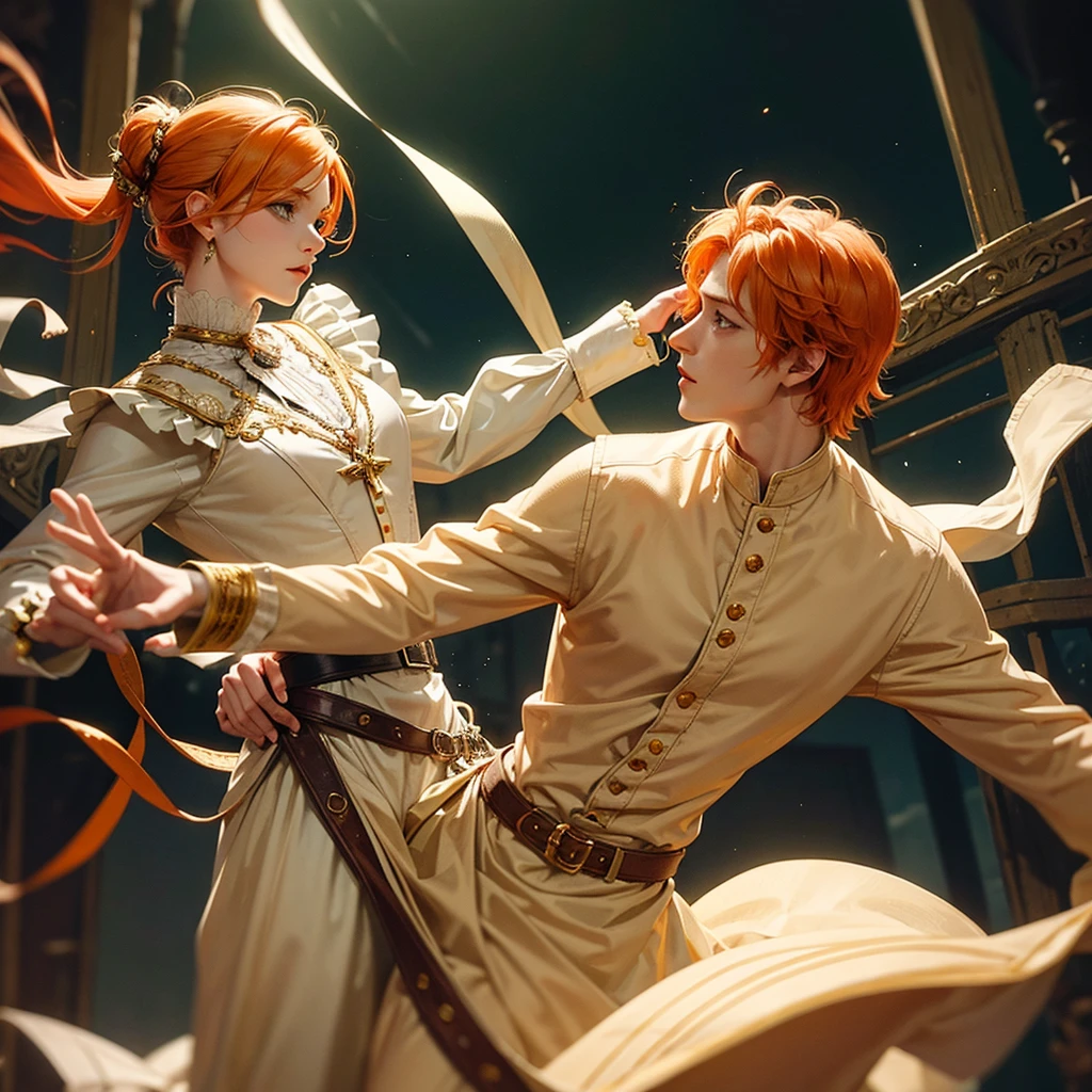Fantasy prince orange hair and victorian beige clothes green eyes delicate scottish Effeminate dancing in the night