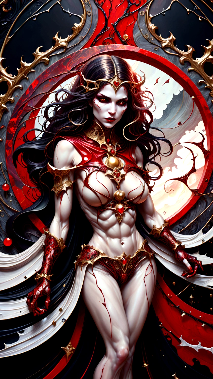 a beautiful illustration of a very muscular vampire girl in an abstract marble texture with a tarot style frame, with colors of obsidian black, shiny gold, and ruby red, highly detailed, intricate design, BY Anne Bachelier,