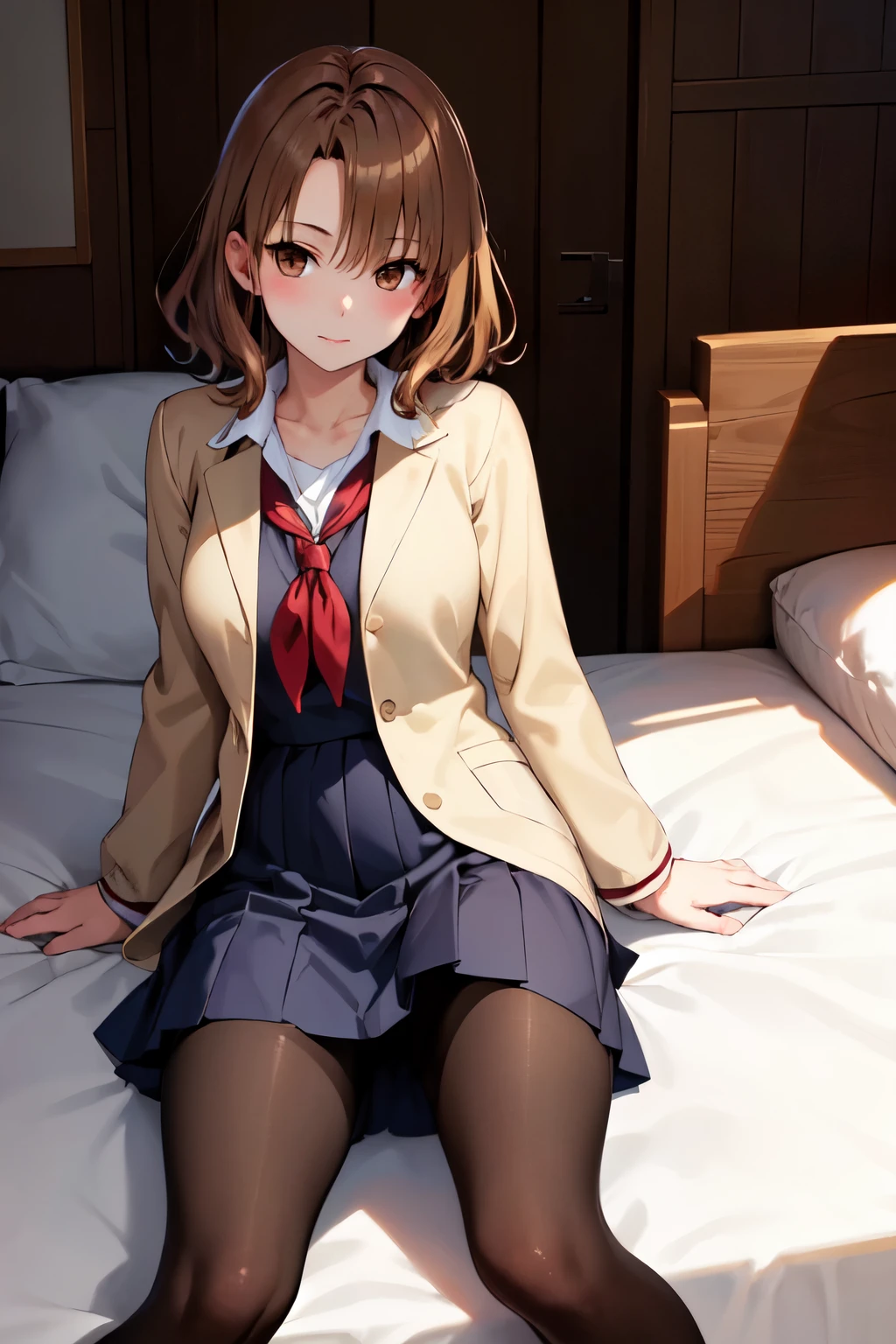 masterpiece, Highest quality, High resolution, One girl, alone, short hair, Brown Hair, Brown eyes, Bedroom、((pantyhose))、(Japanese school uniform)、(Knitted outerwear)