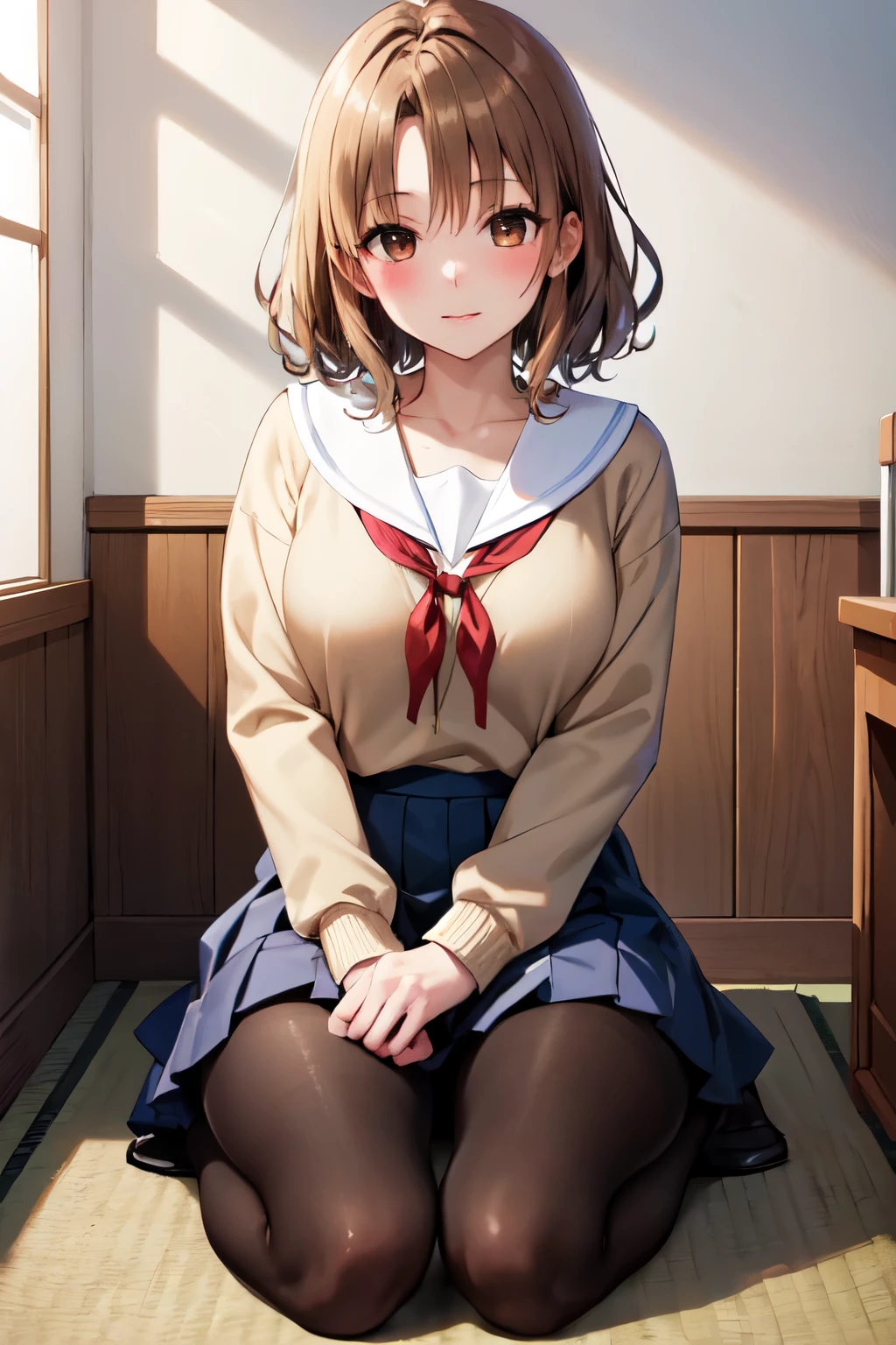 masterpiece, Highest quality, High resolution, One girl, alone, short hair, Brown Hair, Brown eyes, Bedroom、((pantyhose))、(Japanese school uniform)、(Knitted outerwear)