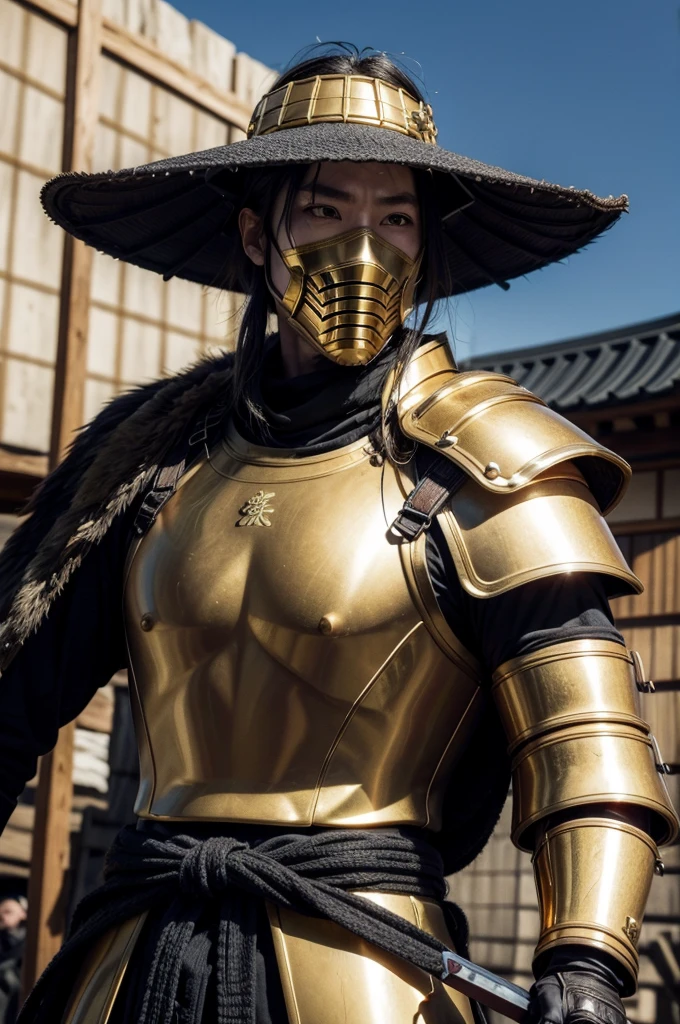 samurai with golden armor, in the middle of an apocalyptic scenario with his sword, big hat and mask