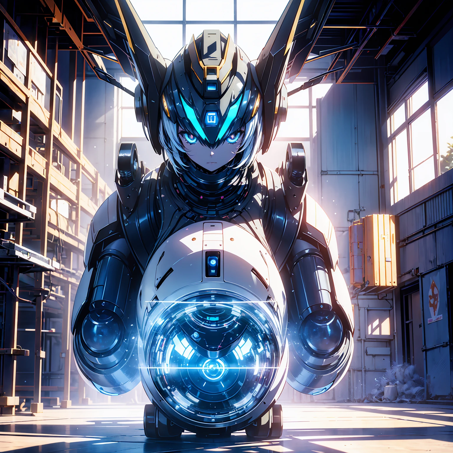 Anime characters, one teenage anime girl, silvery blue hair, bright blue star-shaped eyes, one Robot, Cape, Luminous Eyes, Rugged, Fantasy, Lights, outdated, old style, dark blue, bronze, Room with window, sitting