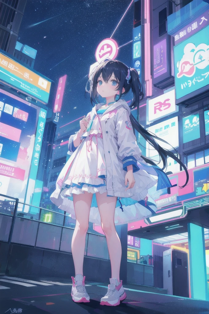 A girl standing in a neon street。Looking up at the sky。
