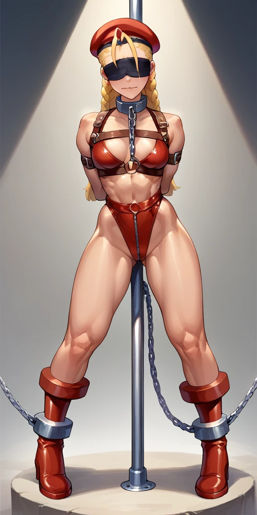 (masterpiece, best quality), intricate details, 1sologirl Cammy White from Street Fighter (standing full body toe to head by wooden pole:1.2) iron collar, arms behind back, iron cuffs, shackles, bound, bondage outfit, harness, o-ring, bondage outfit blindfolded cover eyes, closed mouth happy red cheeks, chain leash collar choker neck bell shackles wristbands bracers bracelets, cleave gag