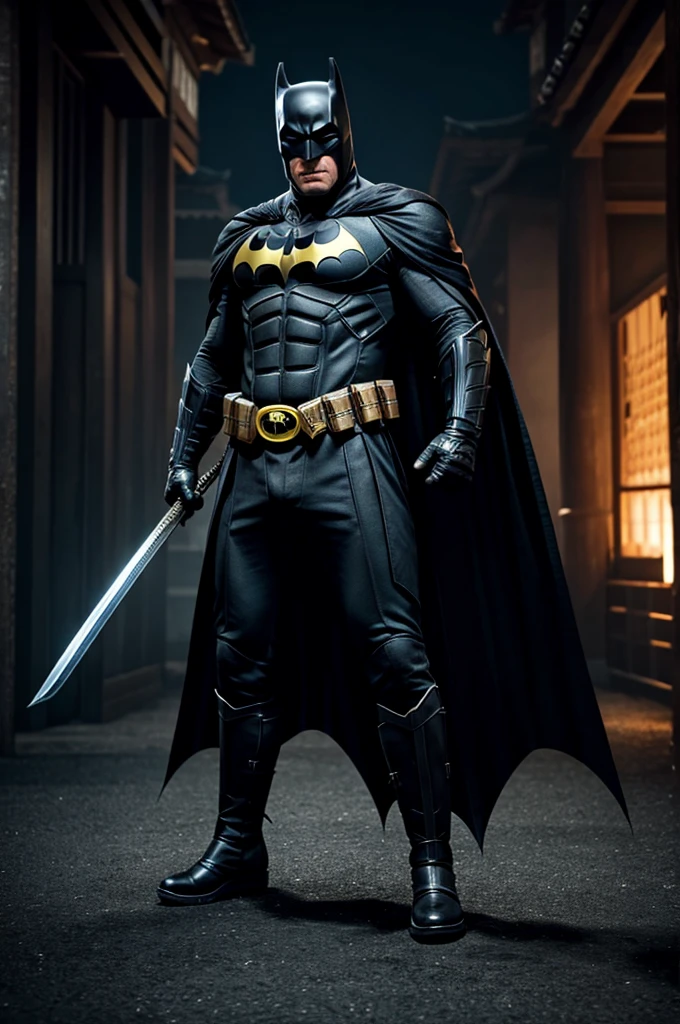 4k, realistic, very detailed, Batman dressed as a samurai, war theme, full body, wearing samurai boots