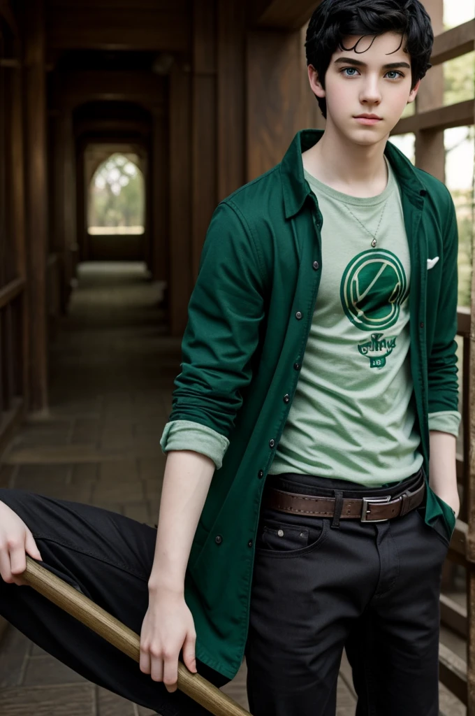 A black-haired boy with green eyes, pale skin about  wearing percy jackson clothing 