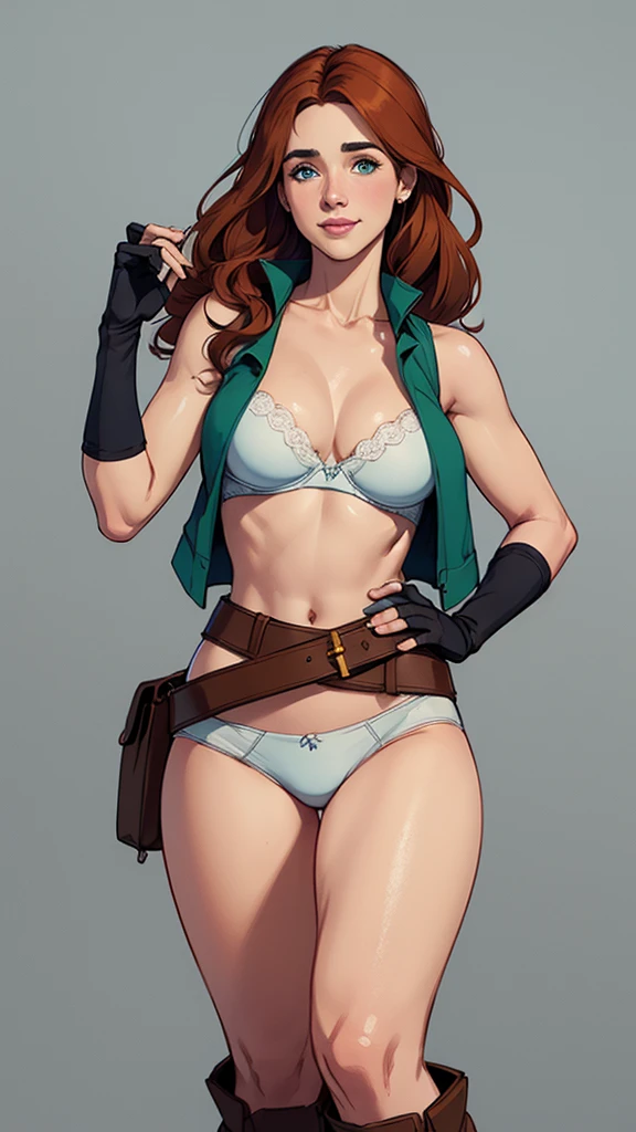 (cartoon style:1.2), Drawings of (Ginevra Molly Weasley), he used to smile, perfect green eyes, face detailed, White background, fun pose, seducing gaze,Full body wearing the Sanserina uniform, beautiful medium breasts and wonderful body cartoon style digital illustration. Wearing pantiesJennifer Connelly , , white bra, green vest, sleeveless, へそ, blue jeans, Brown boots, gloves fingerless, short gloves, slightly-smile, shorth hair, wavy hair, parted bangs, blue colored eyes, wart under the right eye, old american west, sunny desert background, waist belt, best quality, Obra de arte Jennifer Connelly