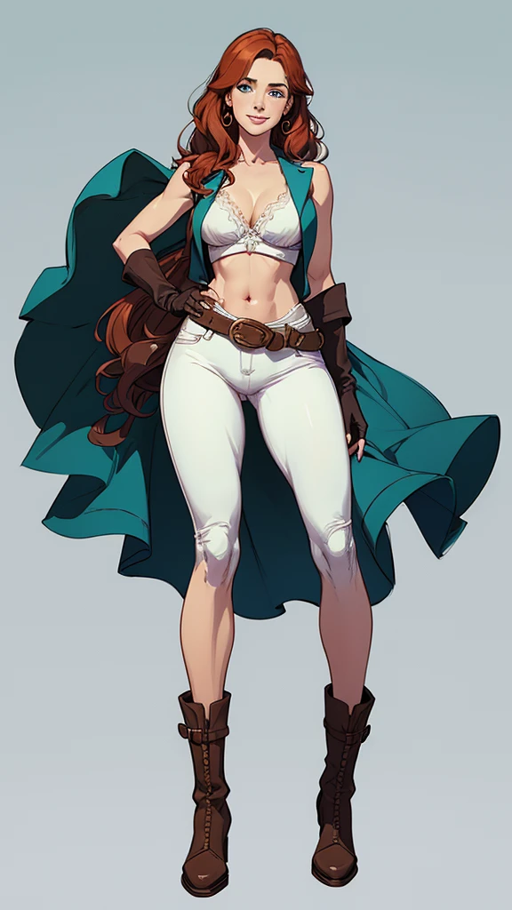 (cartoon style:1.2), Drawings of (Ginevra Molly Weasley), he used to smile, perfect green eyes, face detailed, White background, fun pose, seducing gaze,Full body wearing the Sanserina uniform, beautiful medium breasts and wonderful body cartoon style digital illustration. Wearing pantiesJennifer Connelly , , white bra, green vest, sleeveless, へそ, blue jeans, Brown boots, gloves fingerless, short gloves, slightly-smile, shorth hair, wavy hair, parted bangs, blue colored eyes, wart under the right eye, old american west, sunny desert background, waist belt, best quality, Obra de arte Jennifer Connelly