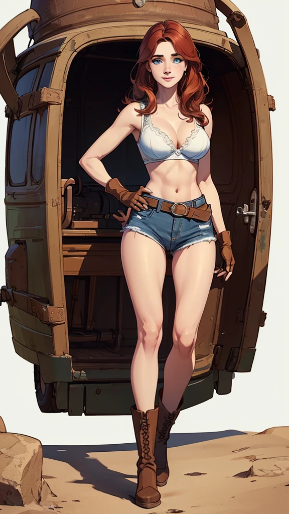 (cartoon style:1.2), Drawings of (Ginevra Molly Weasley), he used to smile, perfect green eyes, face detailed, White background, fun pose, seducing gaze,Full body wearing the Sanserina uniform, beautiful medium breasts and wonderful body cartoon style digital illustration. Wearing pantiesJennifer Connelly , , white bra, green vest, sleeveless, へそ, blue jeans, Brown boots, gloves fingerless, short gloves, slightly-smile, shorth hair, wavy hair, parted bangs, blue colored eyes, wart under the right eye, old american west, sunny desert background, waist belt, best qualityer, Obra de arte Jennifer Connelly