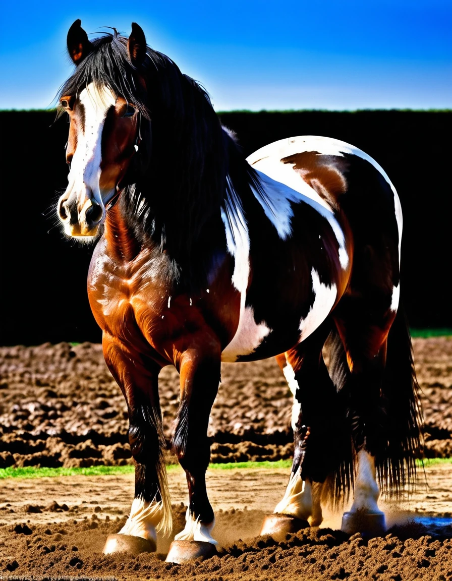 full rear(100) view of large fat wide hairy Shire horse stallion with lumps of horse dung pouring out of the centre of a big bum and sliding down legs. facing away from view point - towards horizon. wide open rectum and anus in full view full of horse dung. tail to left side. ((masterpiece)), ((best quality)), ((highres)), ((extremely detailed)), ((close shot, back view)), (super realistic) . anatomically correct. horse surrounded by lumps of steaming dung. open field. bright sunny sky