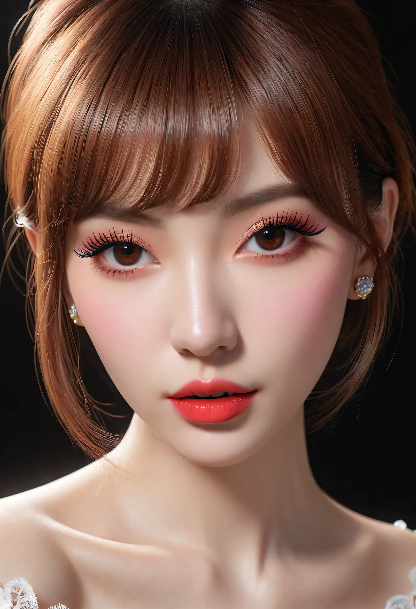 photorealistic Realism 16K Quality: ((Hyper details realistic black_eyes)), ((finely details pupils)), Perfect makeup, ((detailed symmetrical lips)), ((V-line jaw)), pink_lipstick, (Hyper detailed eyelashes), ((perfect dark_eyeshadows)), (Detailed nose:1.2), (perfect composition), pale skin, (dry skin), 16K resolution, intricate, elegant, highly detailed, The attention to detail, Double eyelids, Wear an off-the-shoulder top, full bodyesbian, (((light red short ((side swept bangs)), extremely detailed))), (white lacy), ((in kneeling position:1.3)), ((leaning forward)), (Erotic), (sharp focus), ((from below:1.3)), (looking at viewer), ((hyper realistic, 16k, vibrant colors, sharp crisp image))