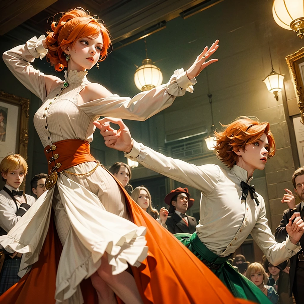 Fantasy prince orange hair and victorian beige clothes green eyes delicate scottish Effeminate dancing alone